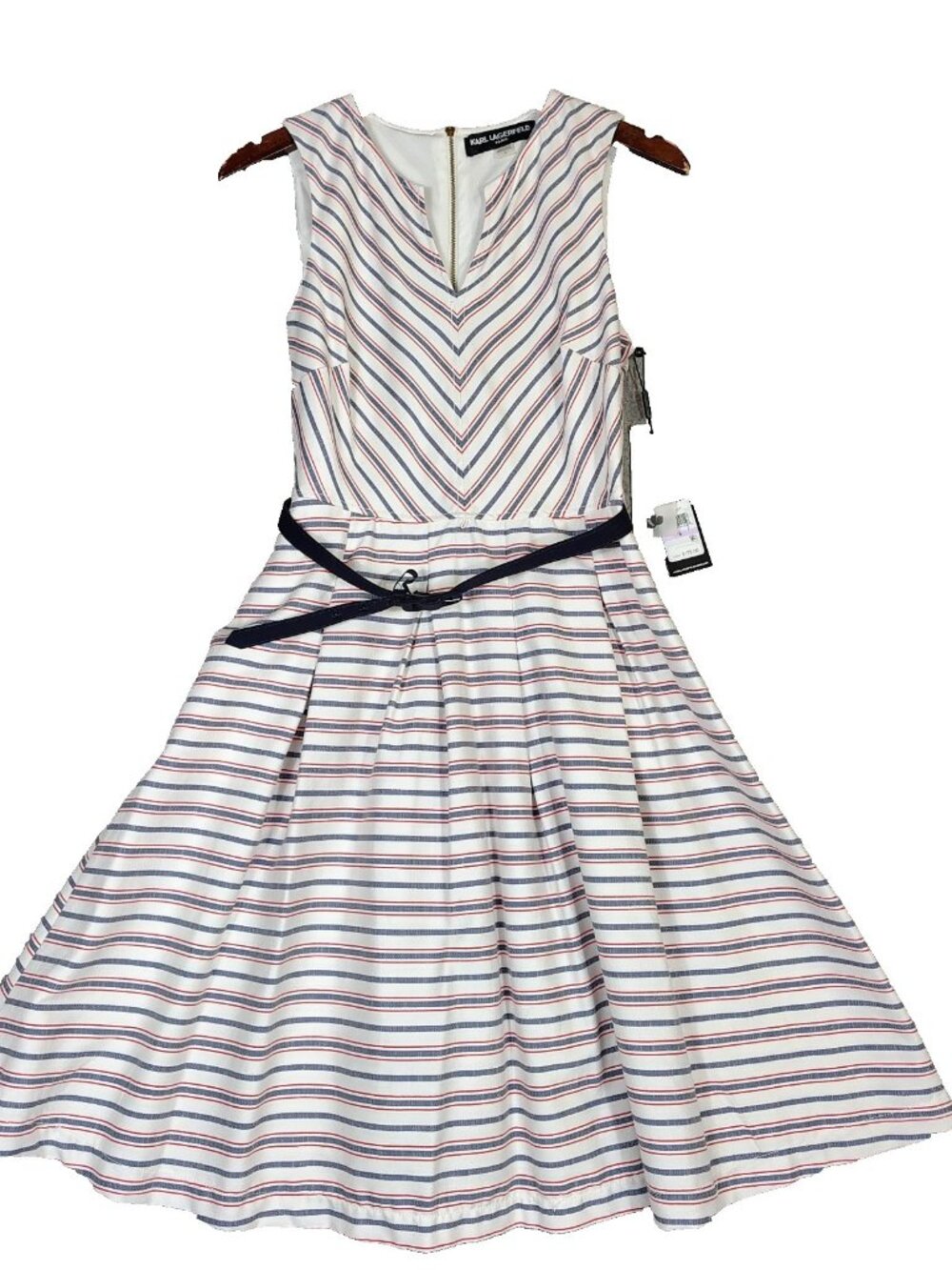 Karl Lagerfeld Dress Women's 6 White Blue Striped A-Line Belted 4th of July NWT